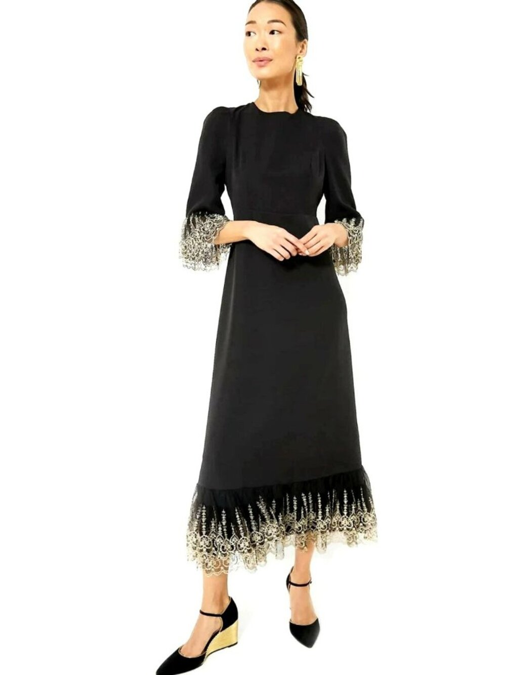Tuckernuck Pomander Place Gold Embroidered Hem Lillith Dress Black Size L NWT